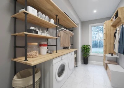 Laundry room with stacked washer and dryer beneath wooden shelves and a hanging rod for clothes next to a window.